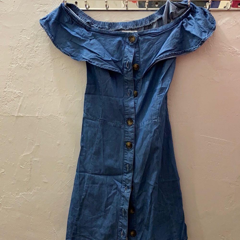 Denim button up off shoulder dress